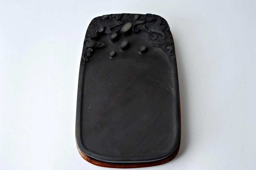 EO050 中国書道具 石眼 端渓石彫 雲龍文 硯 縦20.2cm 重1.2kg 唐木硯入